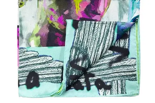 Bordered silk twill scarf before and after rolling