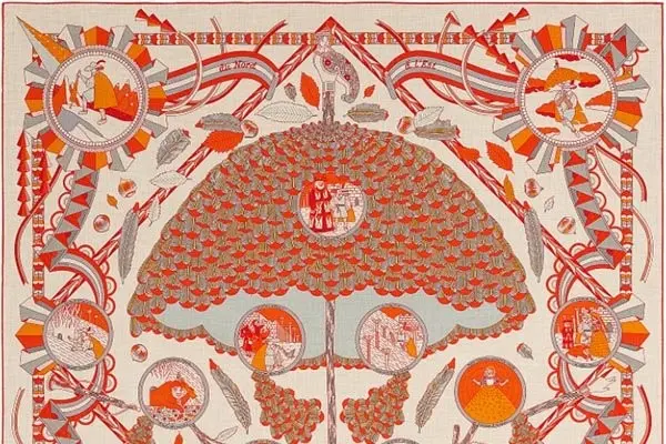 Square artist silk scarf laid flat with umbrella artwork and a red border