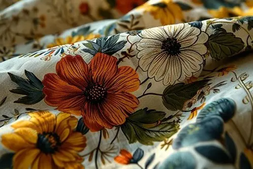 Close-up of orange, cream and blue floral motifs on folded fabric