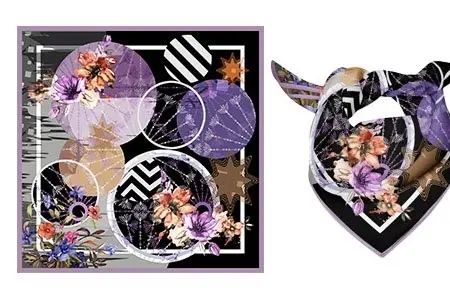 Square scarf artwork shown flat beside the same floral geometric scarf tied