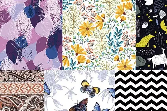Collage of abstract, floral, illustrated, paisley, butterfly and chevron patterns