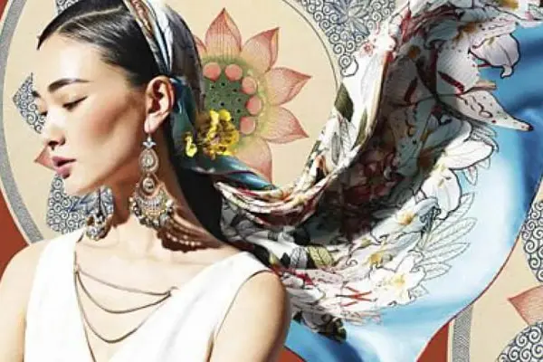 Printed silk scarf showing drape and movement when worn