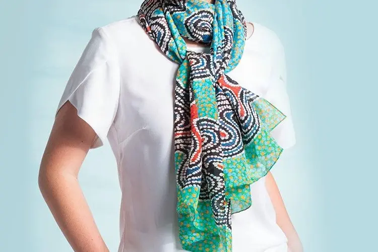 Printed silk chiffon scarf showing lightweight drape when worn