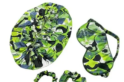 Printed silk satin bonnet, sleep mask and matching accessories