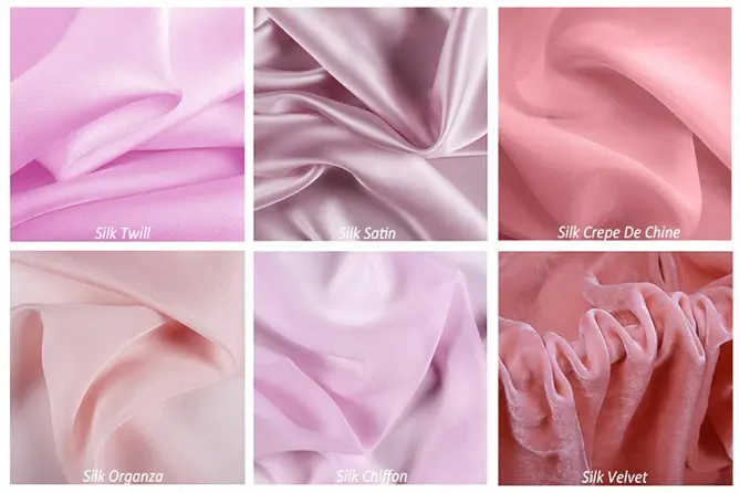 Silk twill, satin, crepe de chine, organza, chiffon and velvet surfaces compared
