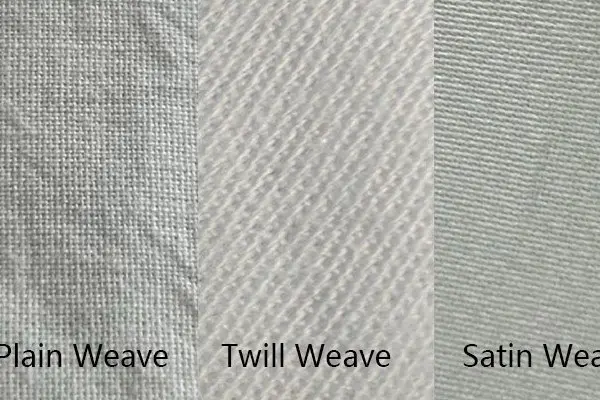 Close-up comparison of plain, twill and satin weave surfaces