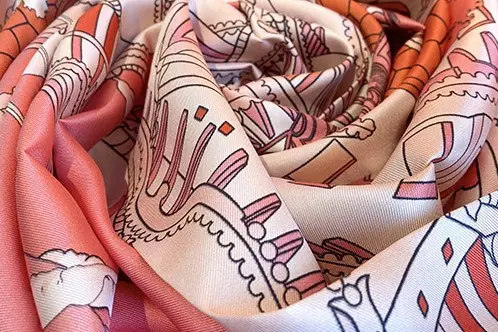 Printed silk twill showing line detail and color across the weave