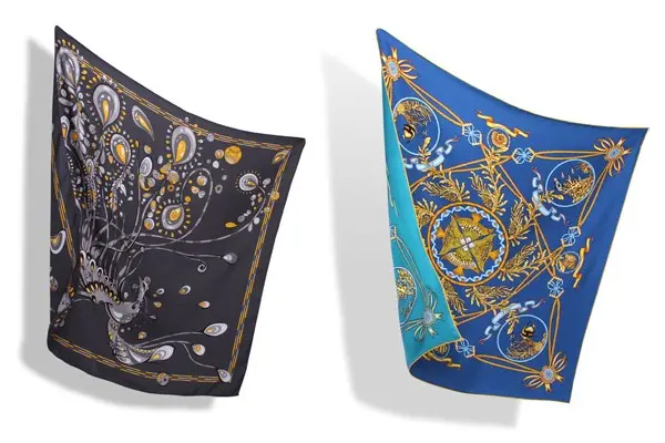 Two printed silk scarf designs displayed side by side