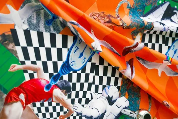 Detailed multicolor artwork printed across draped fabric