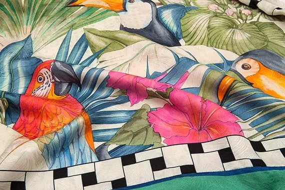Detailed tropical artwork printed on silk with a contrasting border