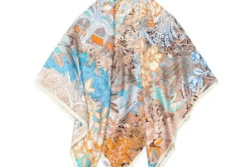 Printed square silk twill scarf arranged to show the proportion of a 90 x 90 cm format