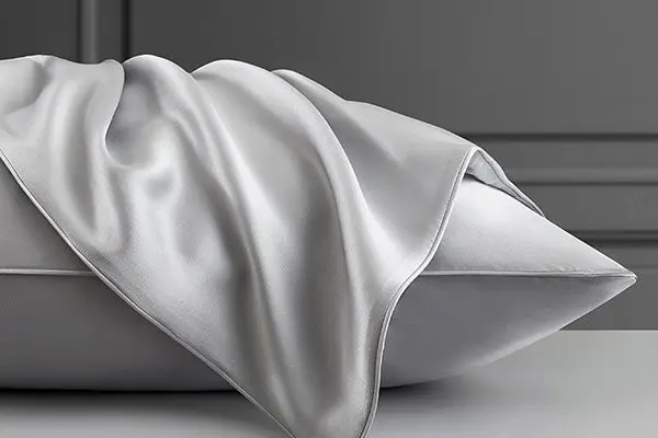 White silk pillowcase showing its smooth face, piped edge and opening